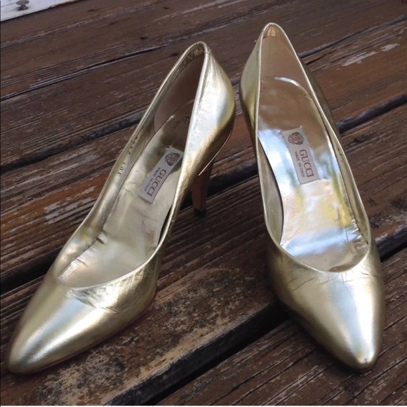 Gucci Logo Gold Leather Point Toe Pumps EU 37.5 7.5 High Heels Shoes Vintage 80s - Picture 1 of 6
